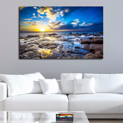 Framed Canvas prints Rock beach view time lapse blue sunrise modern wall art