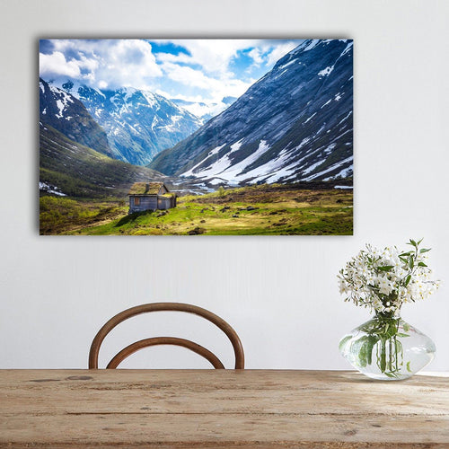 Stretched Canvas prints print Snow mountain cabin north Europe wall art