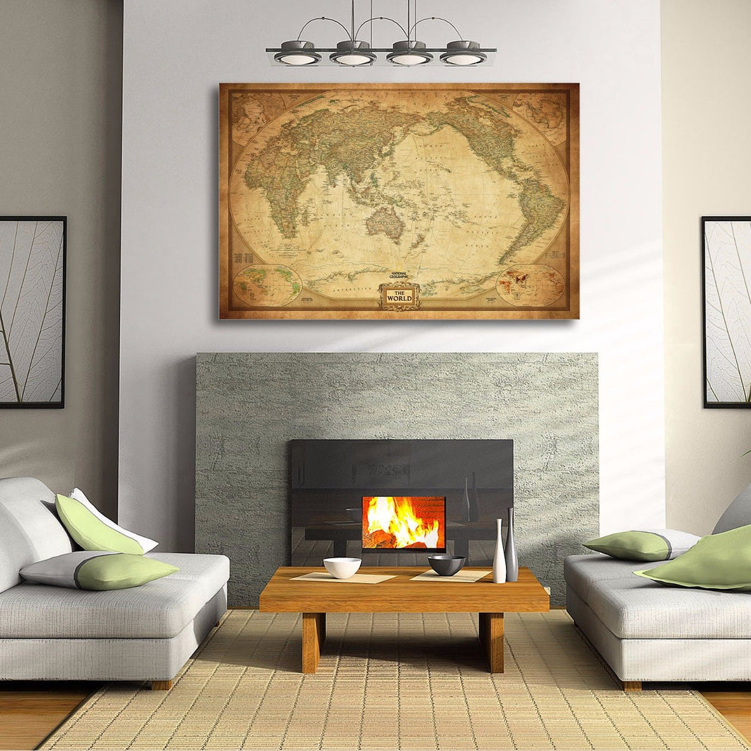 Vintage World Map Stretched Framed Canvas Detailed Australia Waterproof Map wall