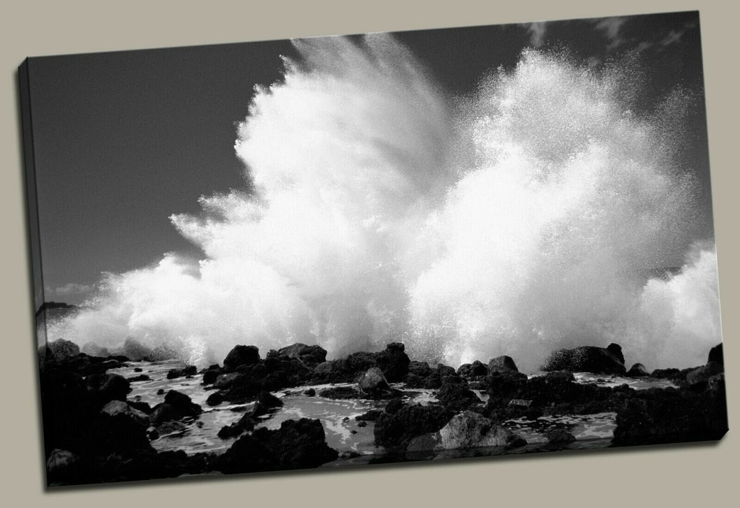 Black & White Sea Wave Rock Framed Canvas Print Wall Art Blue prints photo