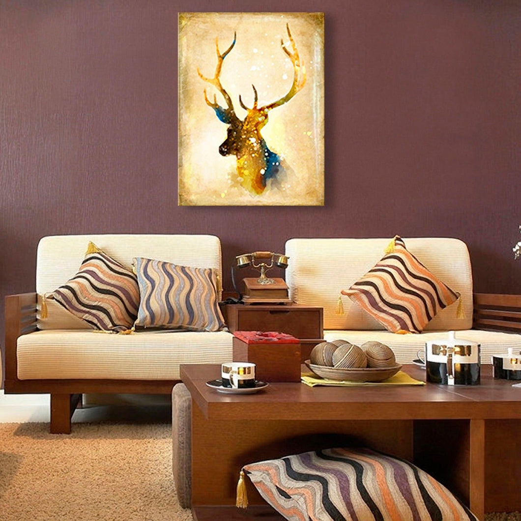 Gold Deer Head Framed Canvas Vintage Stretched Prints Wall Art Decor Painting