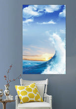 Framed Sun Rise Wave Swell Canvas Beach Ocean Print Wall Art Blue Wave White