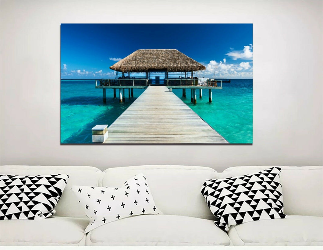 Maldives thatched hut Framed Canvas Green Ocean Sea prints beach modern wall art